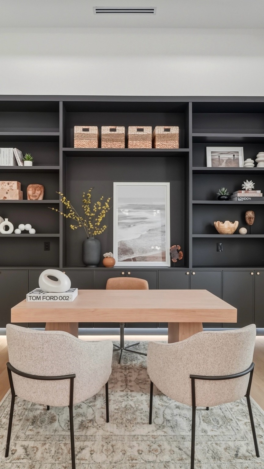 Open concept living room with warm wood floors and feature wall